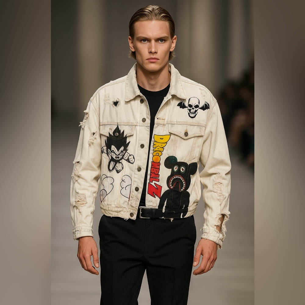 Anime Streetwear Denim Custom Distressed Jacket Dragon Ball Z Bearbrick